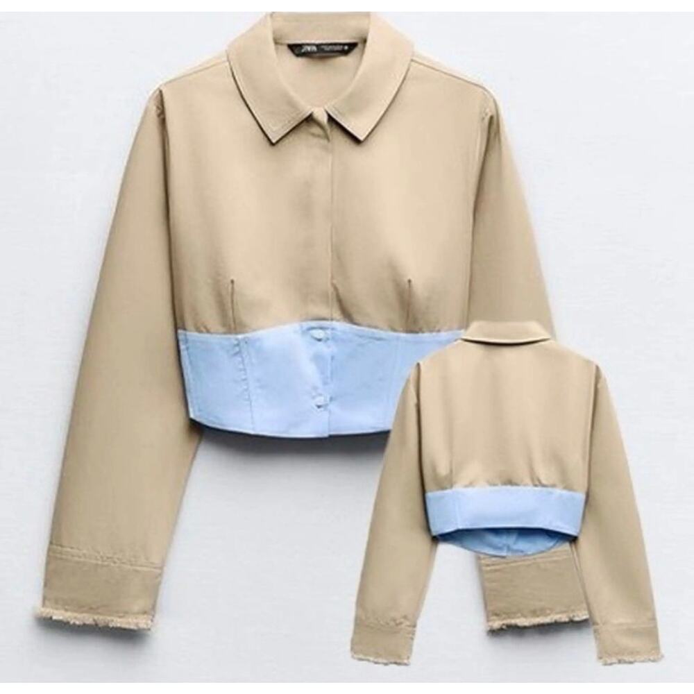 NWT Zara Khaki & Blue Two-Tone Colorblock Cropped Shirt Jacket — Size S